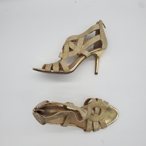 Marc Fisher Nala Leather Gold Shimmer Strappy Metallic Zip Heels Women's 8M - Picture 14 of 15